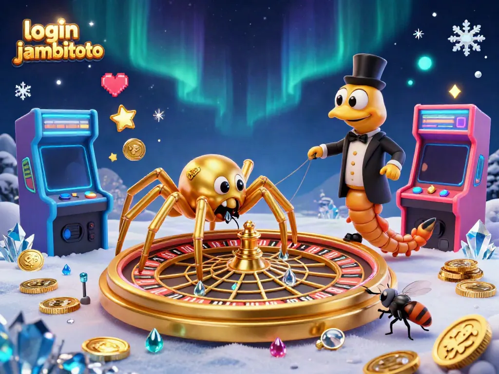 Engage with login jambitoto in this vibrant 3D casino-themed scene featuring a spider, fly, and centipede.
