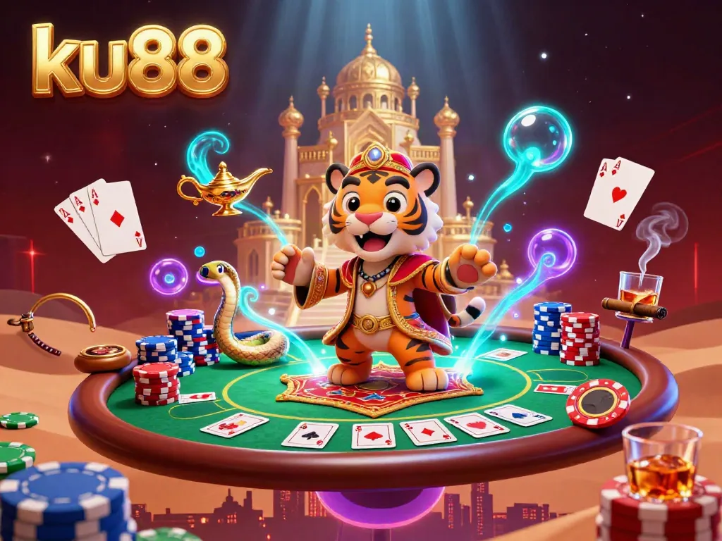Engage in thrilling casino action with ku88's vibrant 3D cartoon illustration depicting a tiger sultan on a flying carpet amidst poker chips and casino décor.
