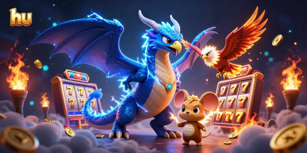 Engage in thrilling slots at hu, featuring a powerful thunder dragon and vibrant gaming elements.