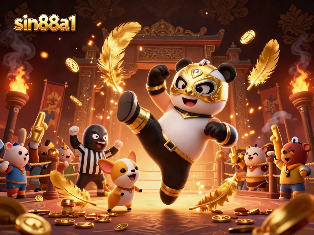Capture the excitement with sin88a1—a panda in a golden mask and cheering crowd in a lively casino-themed arena.