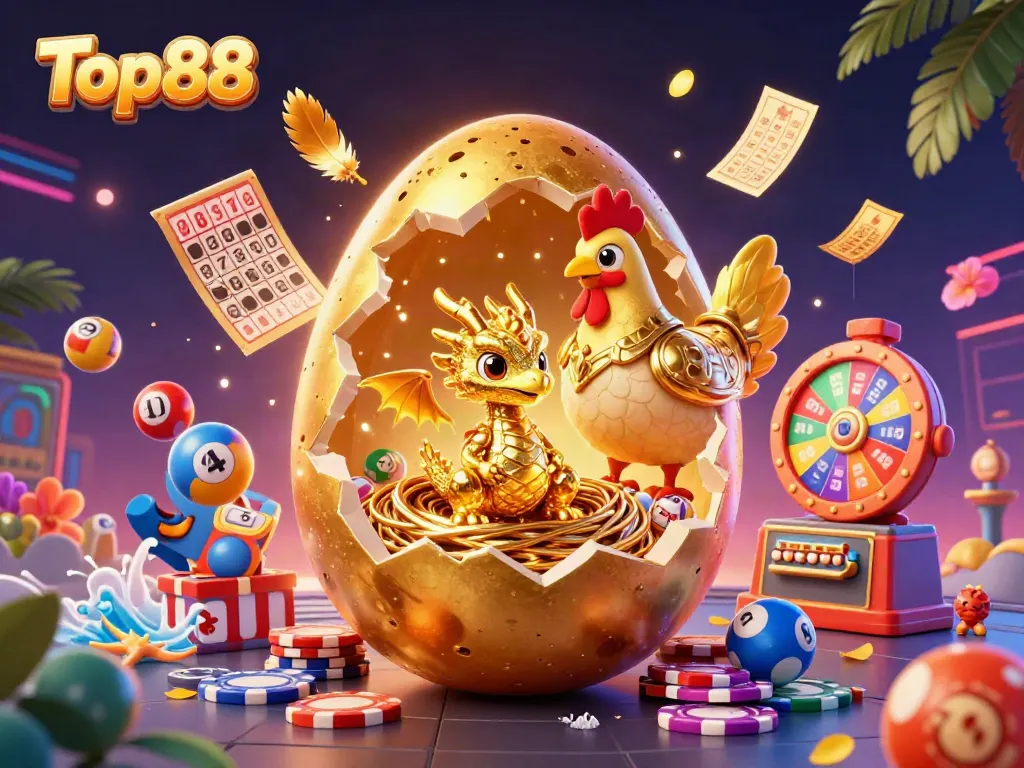 Engage in casino adventure with Top88's golden dragon egg revealing treasures amidst vibrant gaming elements.
