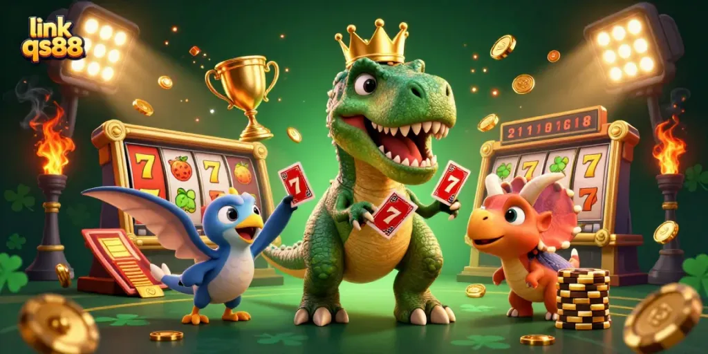 Engage in thrilling gameplay with link qs88 as T-Rex shuffles cards and Triceratops stacks chips.