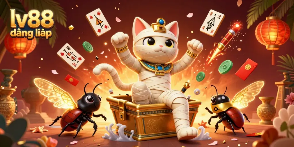 Experience lv88 đăng nhập with a vibrant 3D casino scene featuring an Egyptian mummy cat and dynamic casino elements.