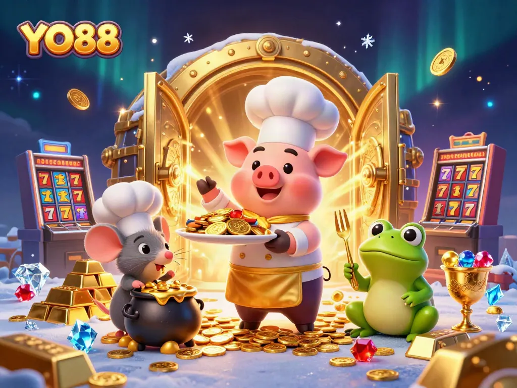 Experience winning moments with YO88, featuring a chef pig serving gold coins in a vibrant casino scene.