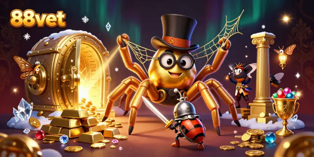 Engage with thrilling gameplay at 88vbet, illustrated by a giant golden tarantula weaving golden threads in a luxurious casino setting.