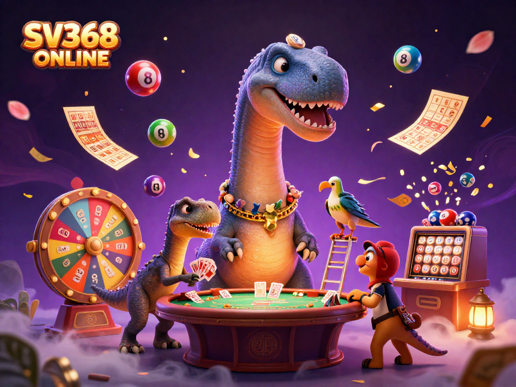 Experience the excitement of SV368 ONLINE with a vibrant casino illustration showcasing dynamic games and characters.