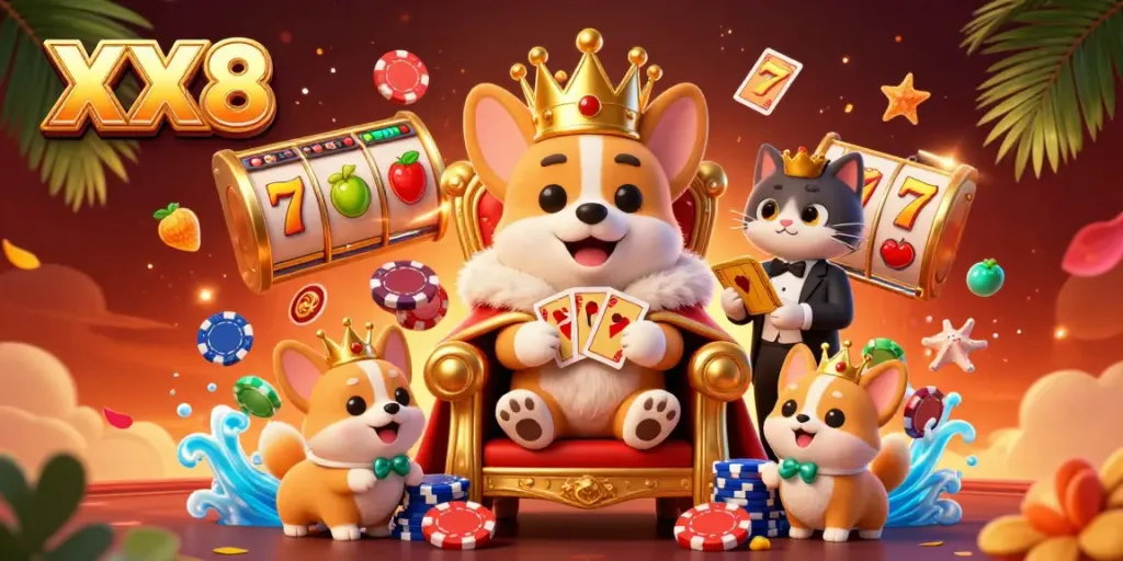 Engage in dynamic gaming at XX8 featuring whimsical characters, vibrant slot machine elements, and casino flair.