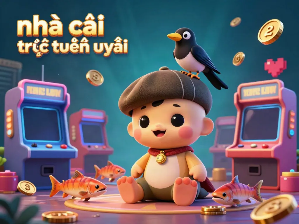 Engage with a vibrant casino scene showcasing the essence of nhà cái trực tuyến uy tín with playful characters and dynamic game elements.