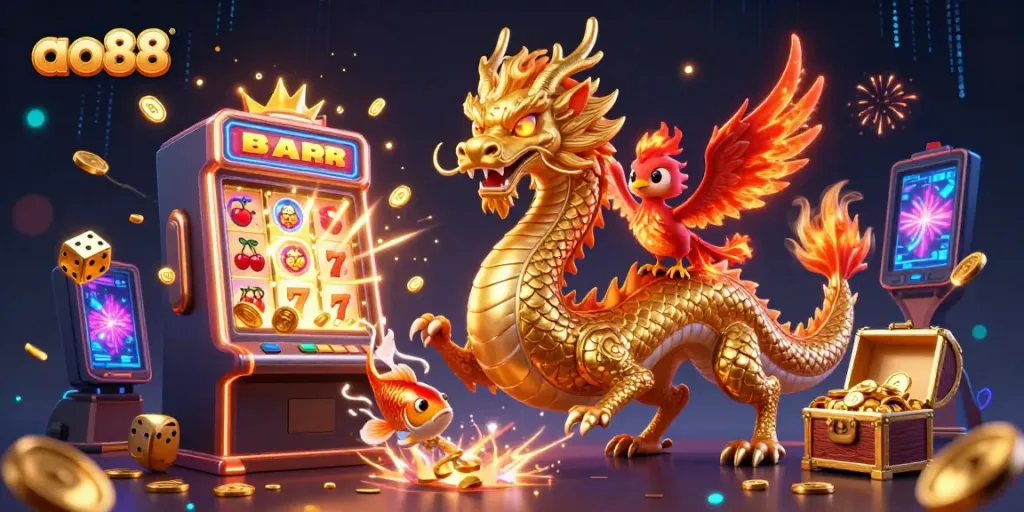 Experience the thrill of ao88 online gaming with dynamic dragons and sparkling jackpot elements.