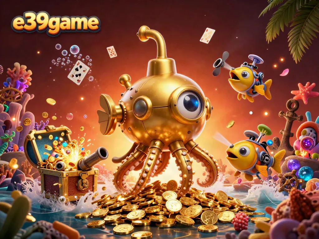 Engage with e39game's thrilling underwater adventure featuring a golden kraken amidst treasure.