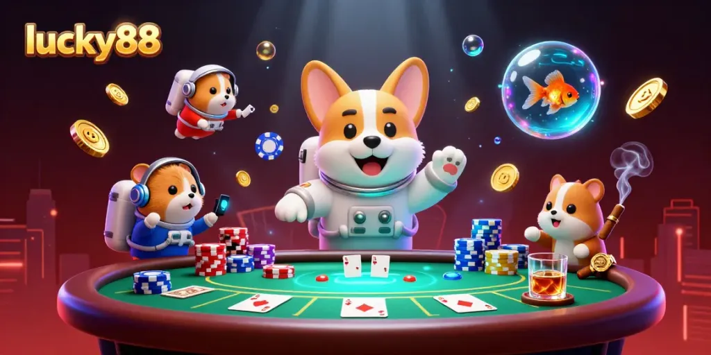 Engage with lucky88's vibrant casino adventures featuring a floating corgi astronaut and colorful poker chips.