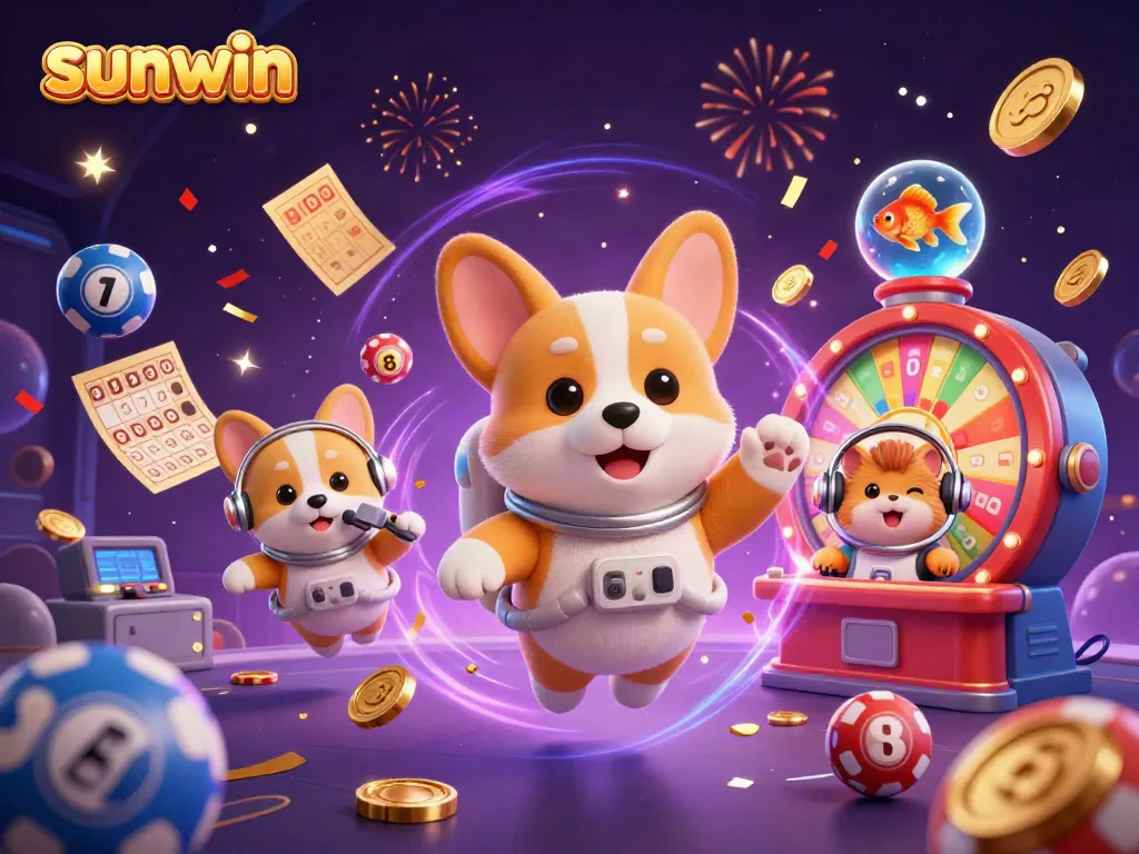 Experience the excitement of sunwin's space-themed casino with vibrant lottery balls and drifting coins.