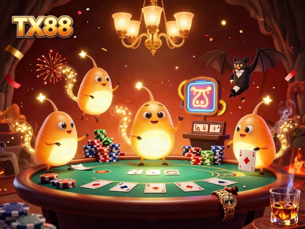 Engage with TX88 casino excitement as glowworms illuminate the gaming table in 3D rendering.