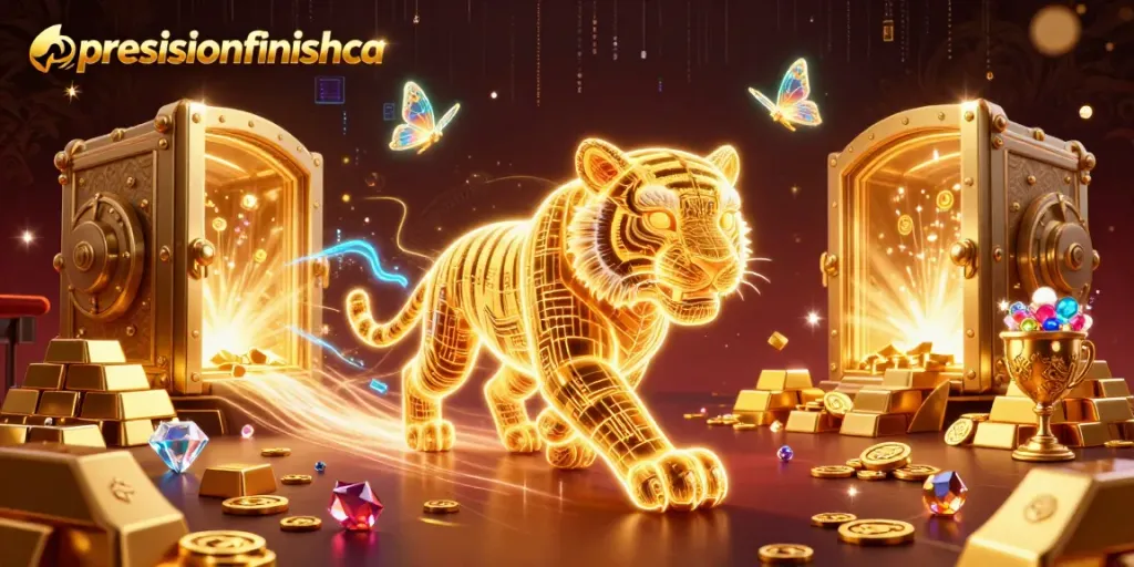 Gambaran kartun neon tentang precisionfinishca dengan harimau emas bersinar, melintasi lanskap kasino.
