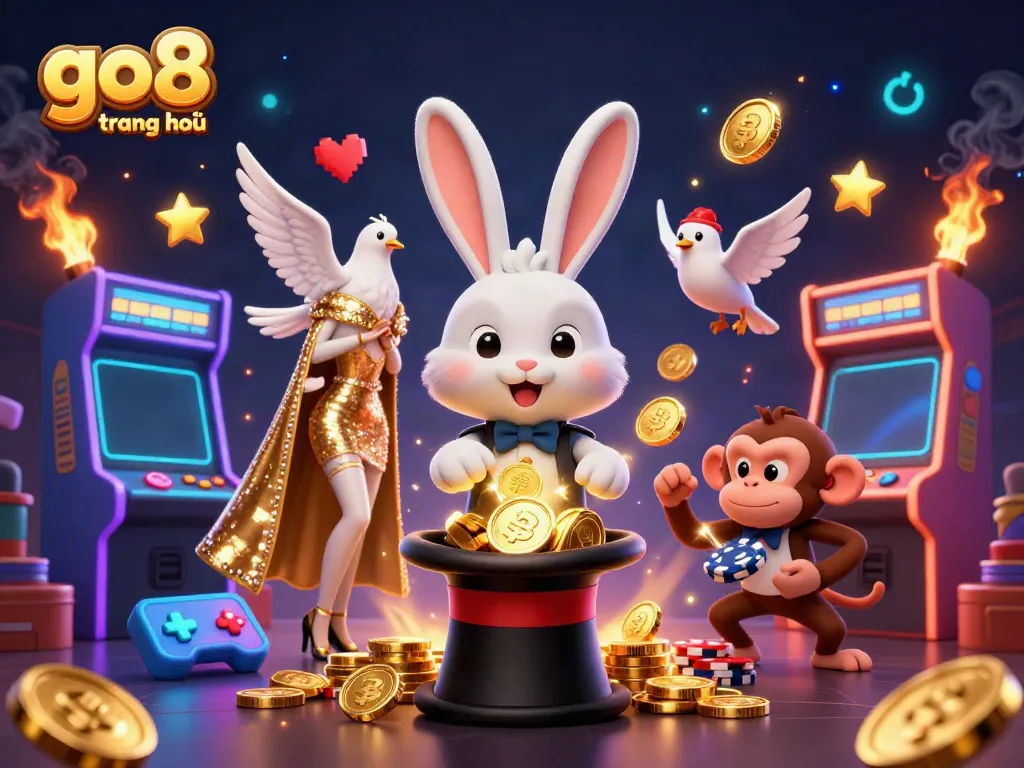 Experience go8 trang chủ with thrilling 3D casino characters surrounded by colorful game elements.