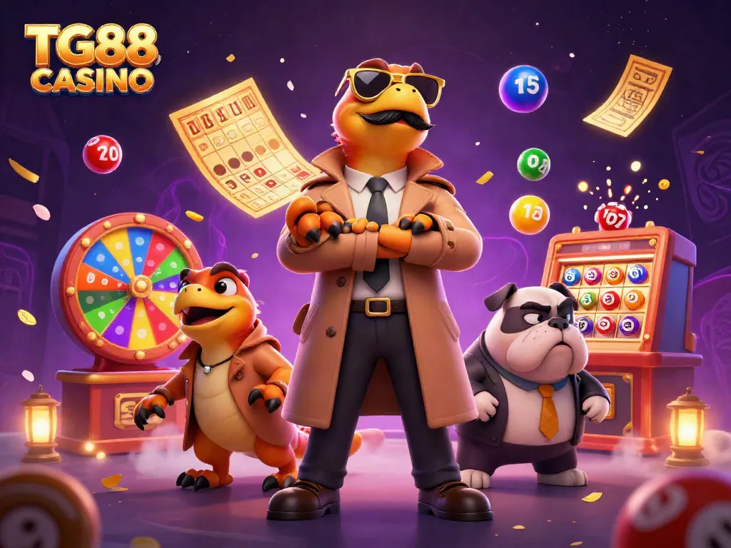Experience the thrill of TG88 CASINO with raptors attempting to enter a VIP lounge, surrounded by lottery balls and prizes.