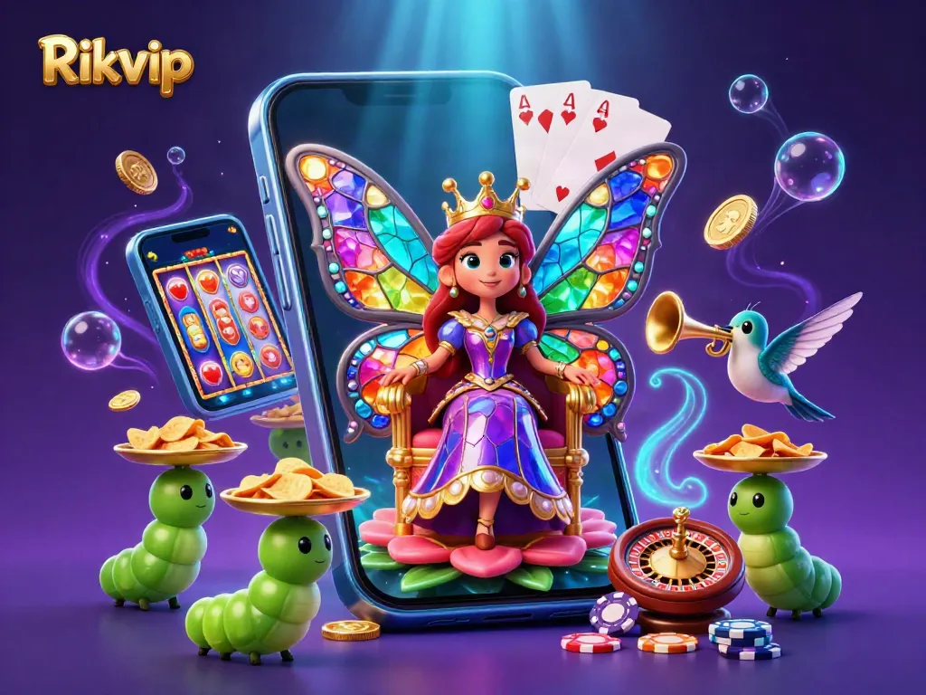 Engage with Rikvip's colorful 3D casino illustration showcasing a vibrant butterfly queen amid dynamic gaming elements.