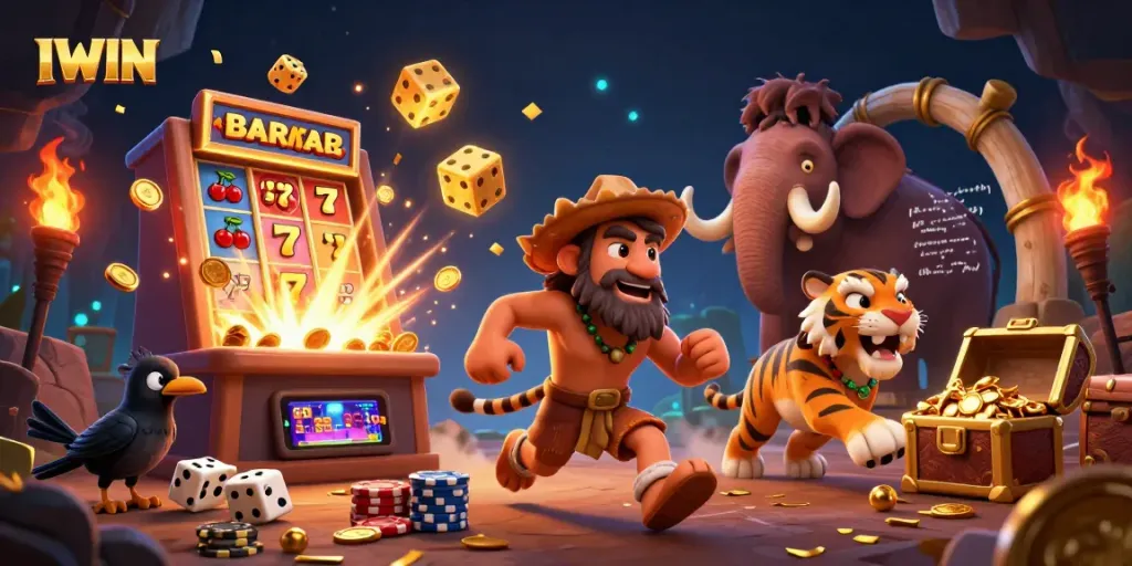 IWIN showcases thrilling prehistoric casino action with vibrant slot machines, colorful dice, and engaging gameplay.