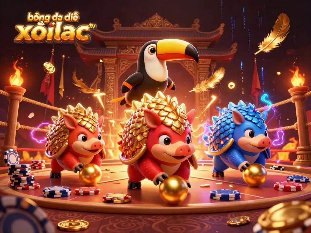 Bóng đá trực tuyến xoilac tv features 3D cartoon pangolins competing in a vibrant gambling scene.