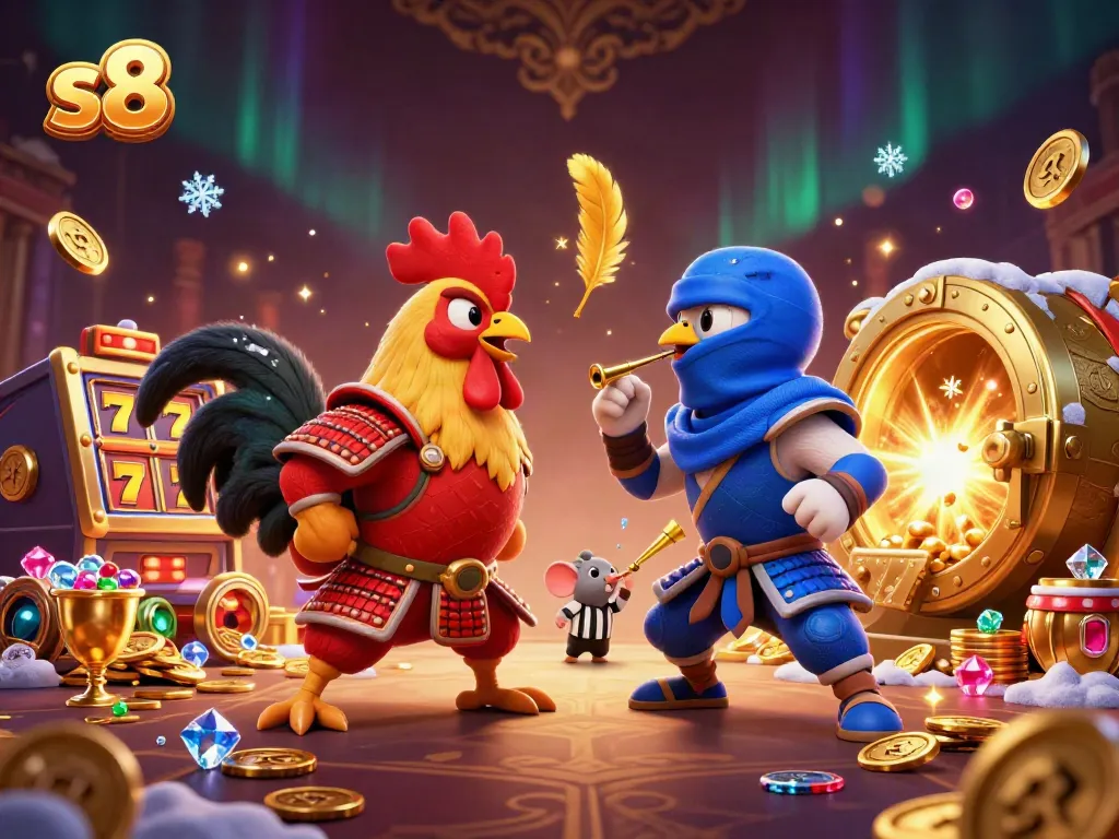 The engaging scene of twin fighting roosters in samurai and ninja attire symbolizing s8's thrilling casino entertainment.