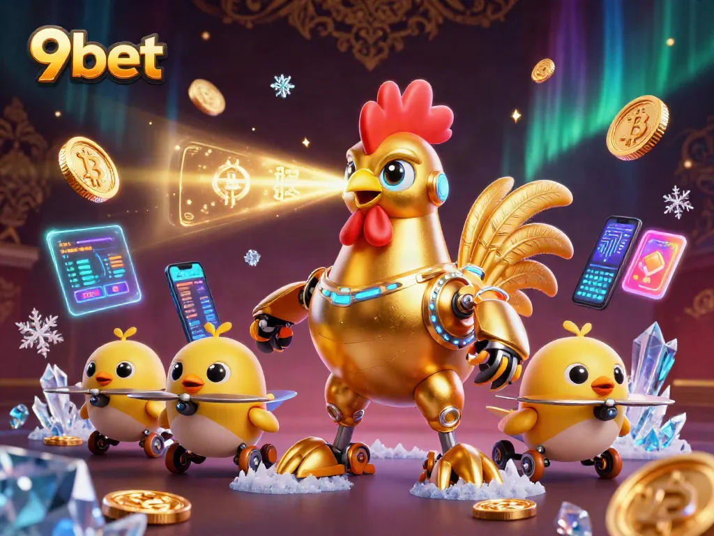 Engage with 9bet's dynamic gaming world, featuring a golden rooster robot amid crypto coins and vibrant elements.