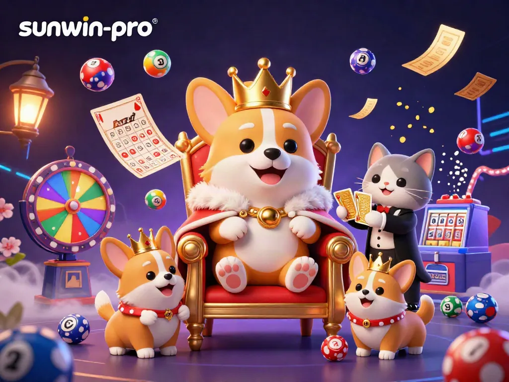 Engage with the sunwin-pro casino world, featuring a royal corgi on a throne of poker chips amidst vibrant gaming elements.