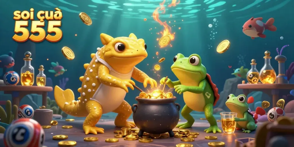 Soi cầu 555 illustrates a golden salamander alchemist in a vibrant underwater lab creating gold coins with energetic elements.