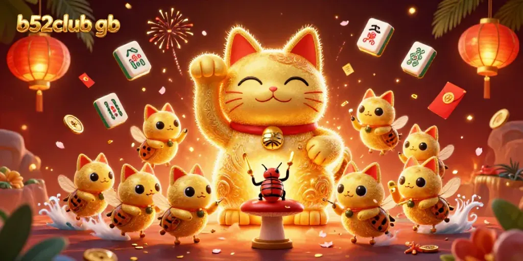 Experience vibrant gaming with b52club gb as golden fireflies form a lucky cat in a colorful casino scene.