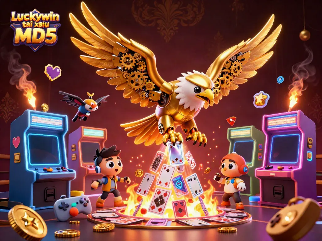 Experience gaming excitement with Luckywin tài xỉu MD5, featuring a dynamic scene of cybernetic eagles and arcade elements.
