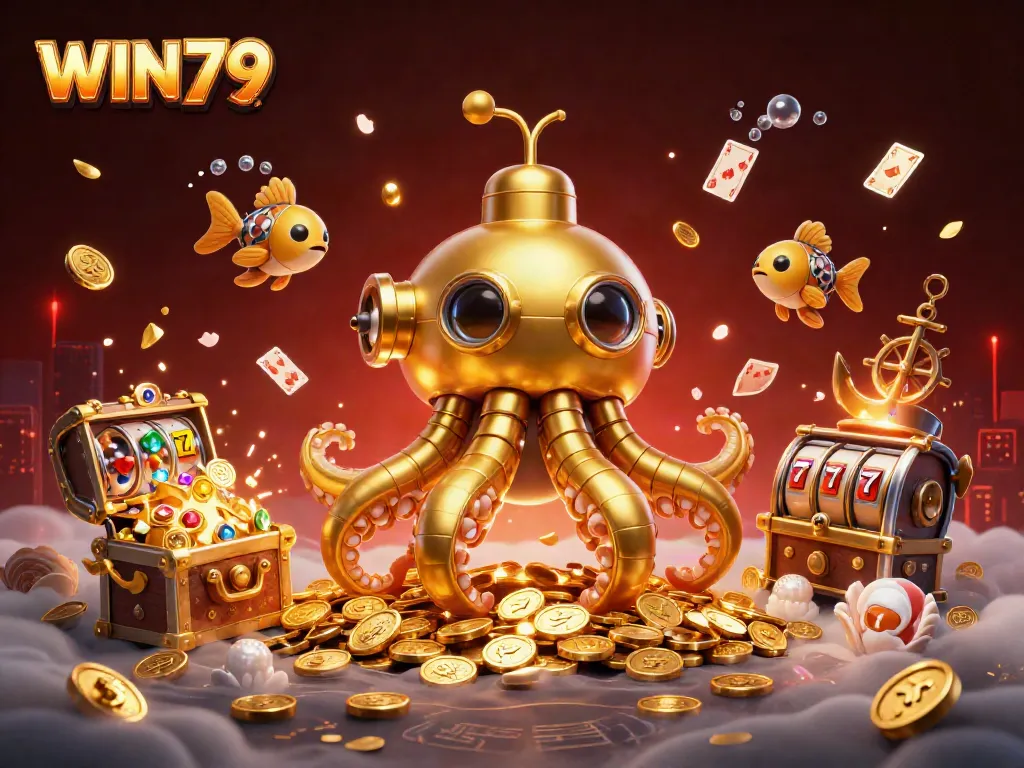 WIN79's vibrant 3D casino scene showcasing a golden kraken submarine amidst golden coins and slot reels.