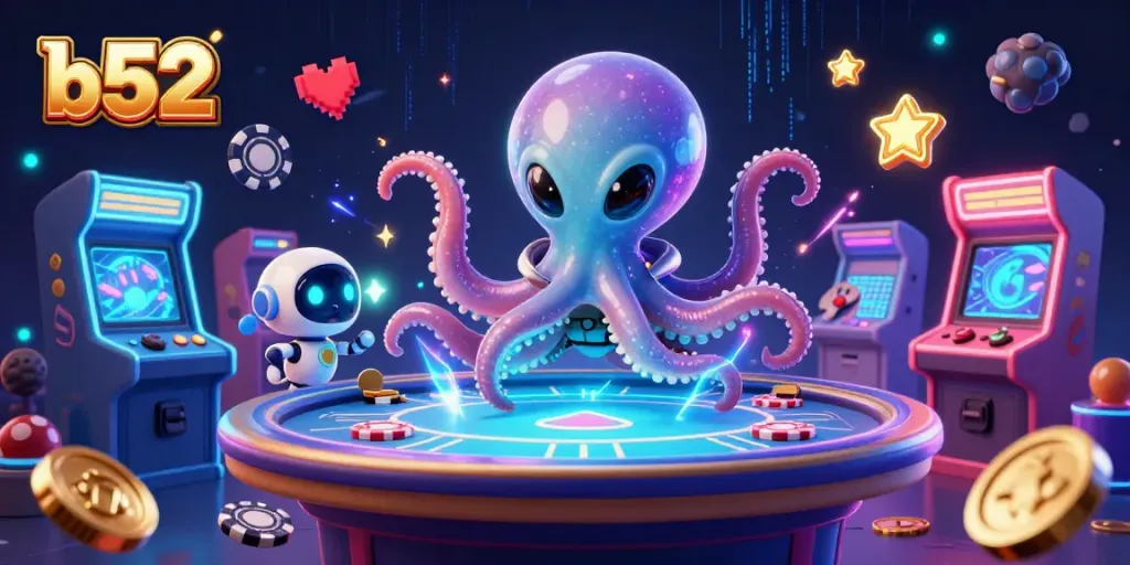 b52 alien octopus deals cards at a vibrant casino table amidst arcade machines.