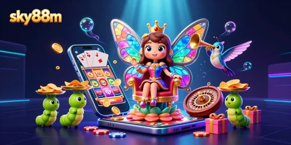 Engage with the thrilling world of sky88m, featuring a vibrant casino illustration showcasing games, chips, and characters.