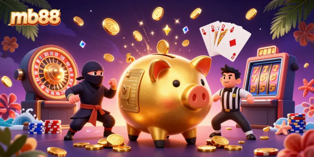 Experience the excitement of mb88 with a golden piggy bank sumo wrestler surrounded by casino elements.