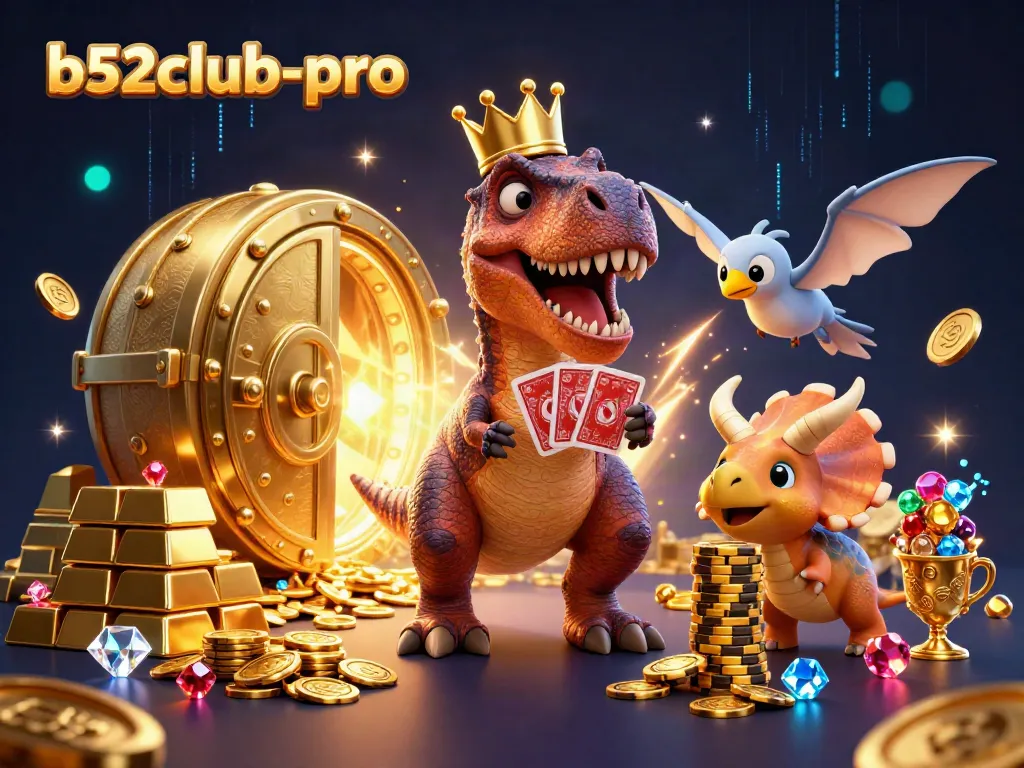 Experience thrilling fun at b52club-pro with friendly characters in a lively 3D casino scene.