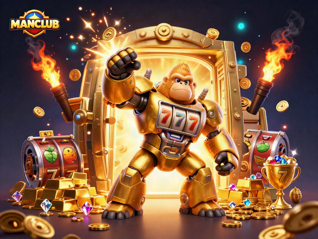 Experience MANCLUB's thrilling essence with this dynamic 3D illustration of a golden gorilla mech.