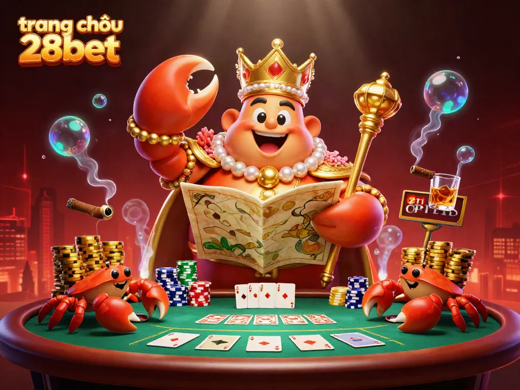 Experience an exquisite scene of gaming excitement at trang chủ 28bet with a regal crab emperor and interactive poker elements.