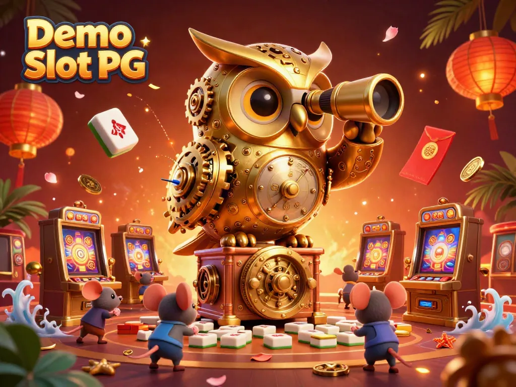 Experience the thrill with Demo Slot PG featuring intricate slot machines and vibrant gambling symbols.