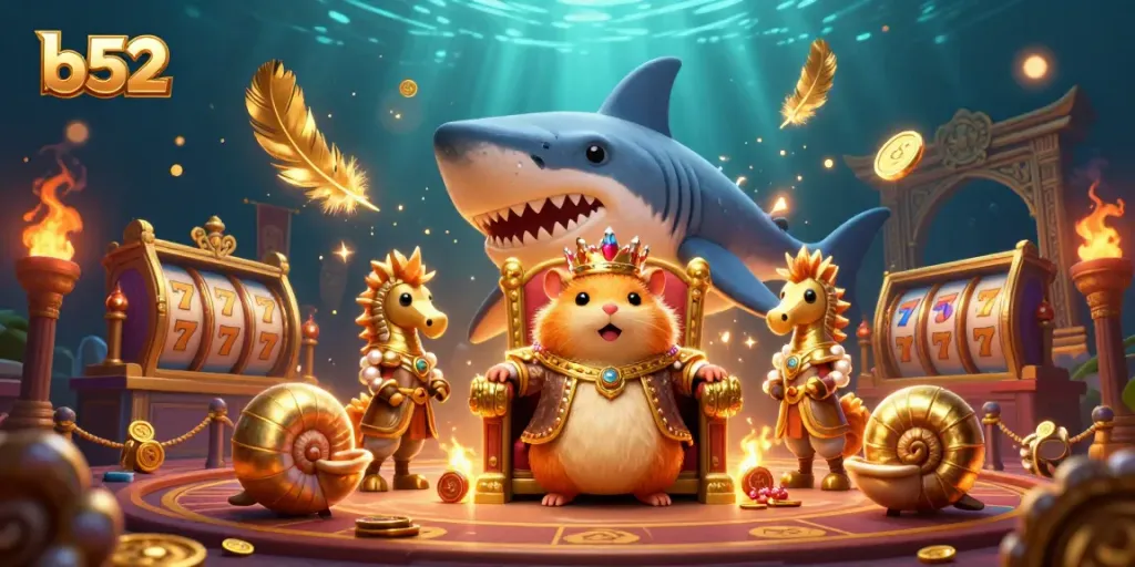 Experience the b52 thrills with our vibrant casino scene featuring a golden hamster king and lively themes.