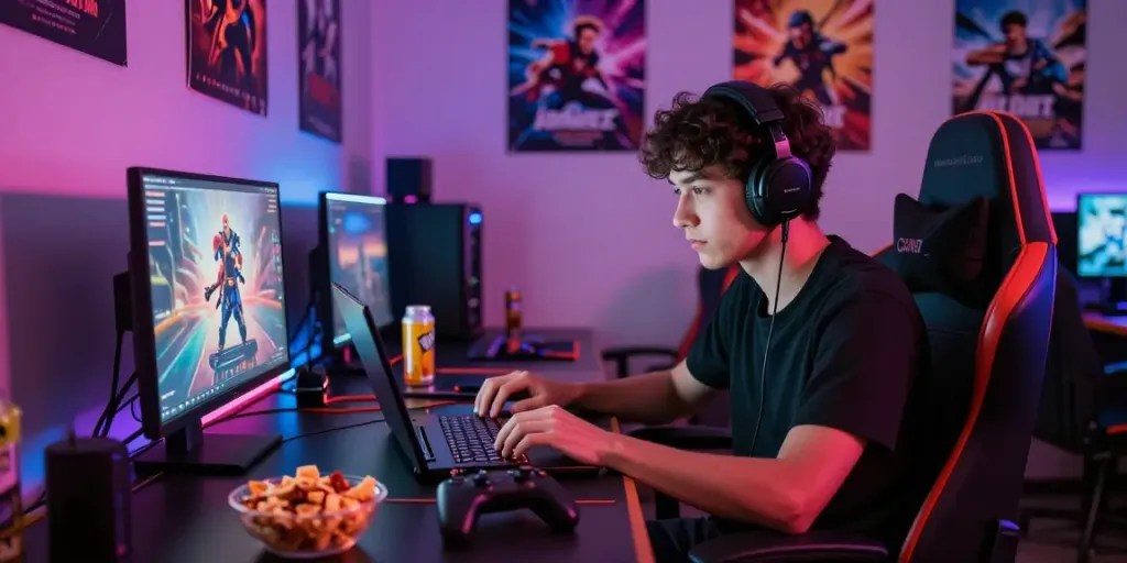 Gamer enjoying slot gacor hari ini in a vibrant gaming lounge with LED lights.