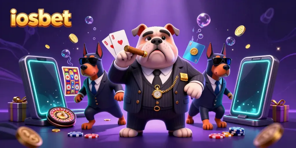 Visualisasi ikonik iosbet dengan karakter mafia bulldog dan dua Doberman di kasino.