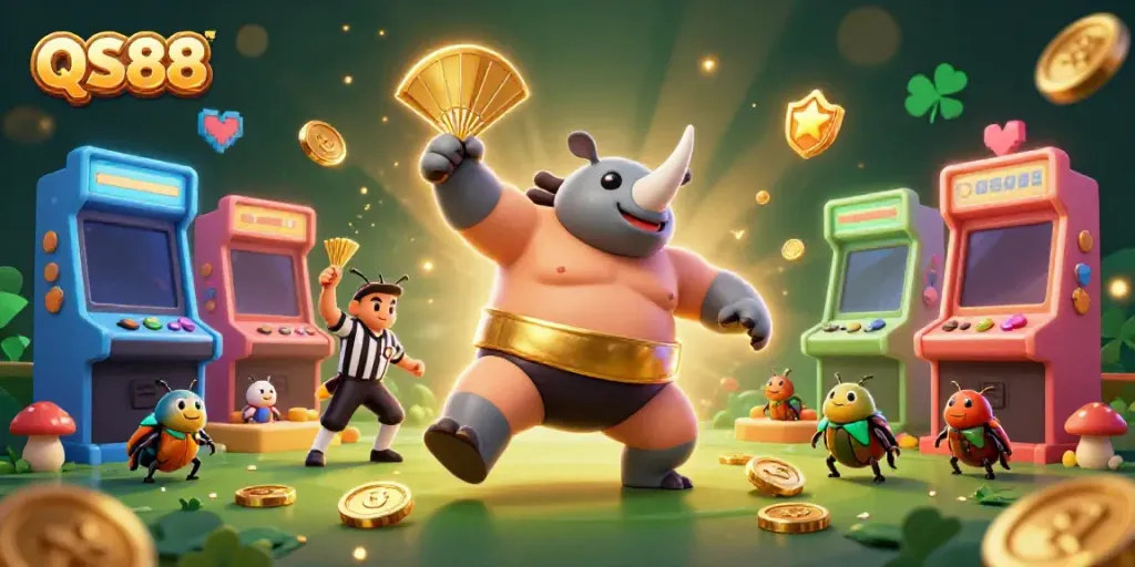 Experience the excitement of QS88 with a dynamic casino-themed illustration featuring a sumo beetle champion celebrating amidst flying coins.