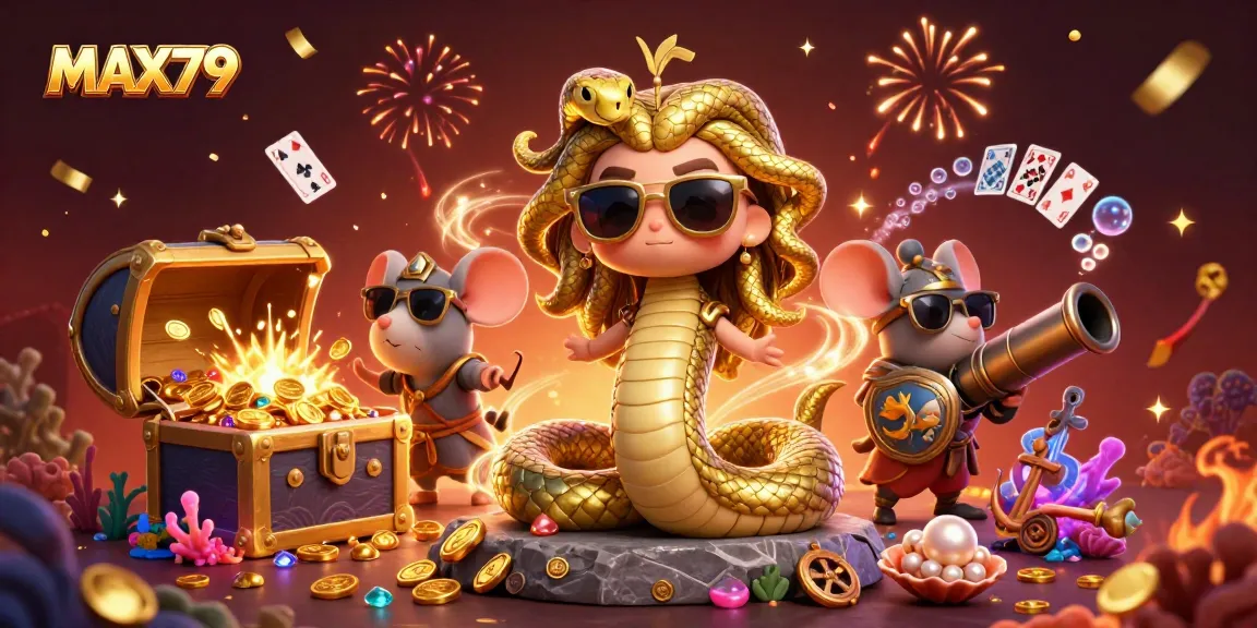 Experience the thrills at MAX79 with Medusa and a warrior mouse in a vibrant casino scene.