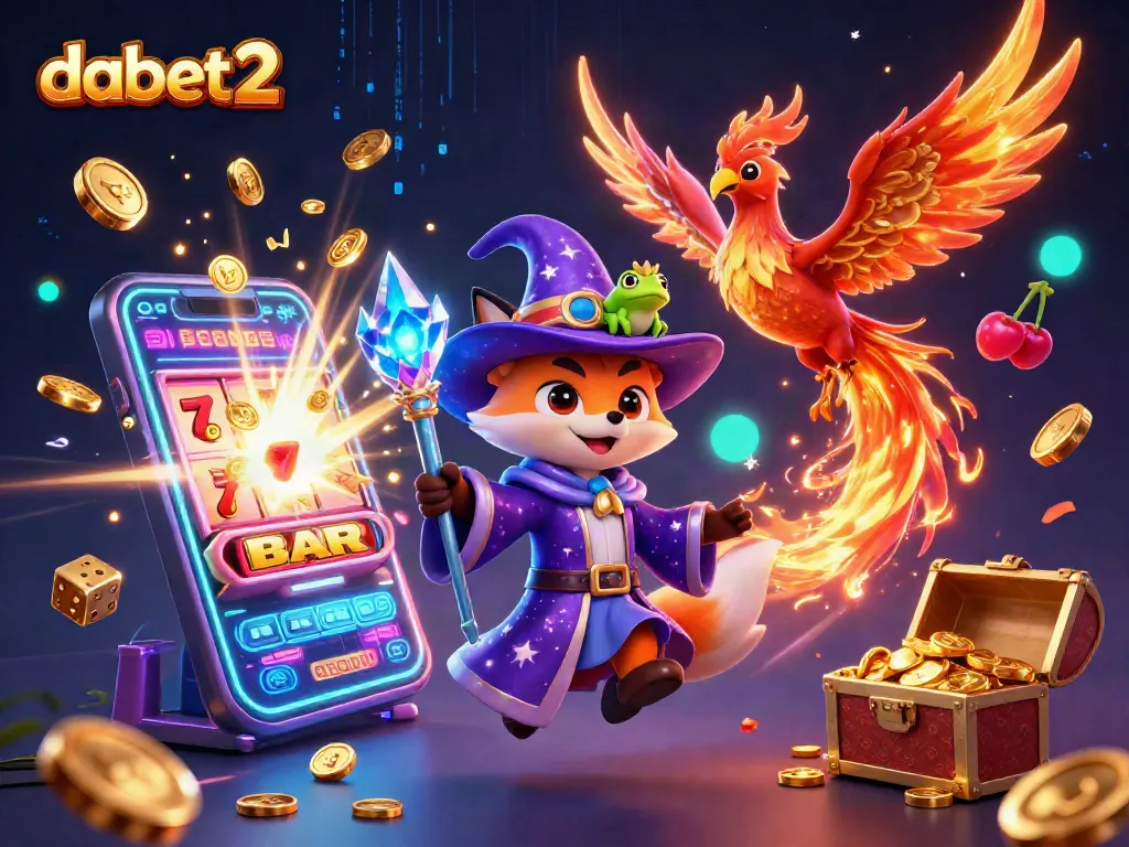 dabet2 engages players with colorful slot jackpots and enchanting 3D characters in a dynamic casino scene.
