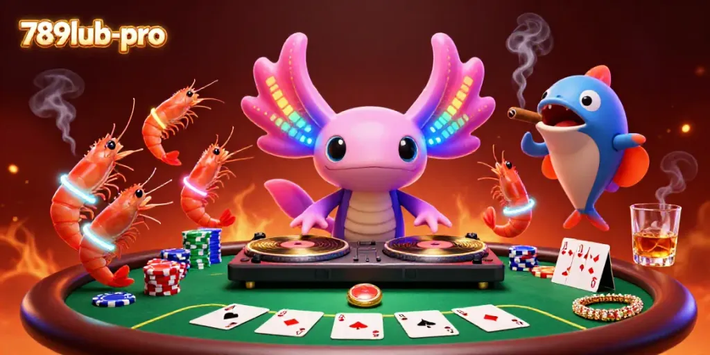Engage in vibrant casino fun with 789lub-pro featuring a neon axolotl DJ and colorful poker scene.