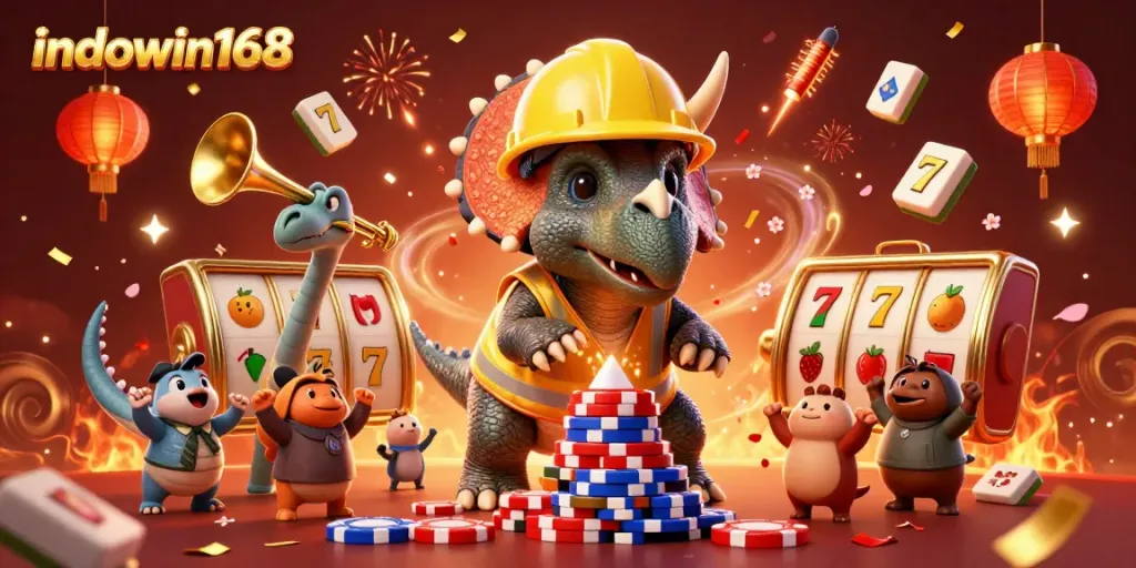 Experience the thrill of indowin168 with dynamic 3D casino scenes showcasing triceratops building poker chip pyramids.