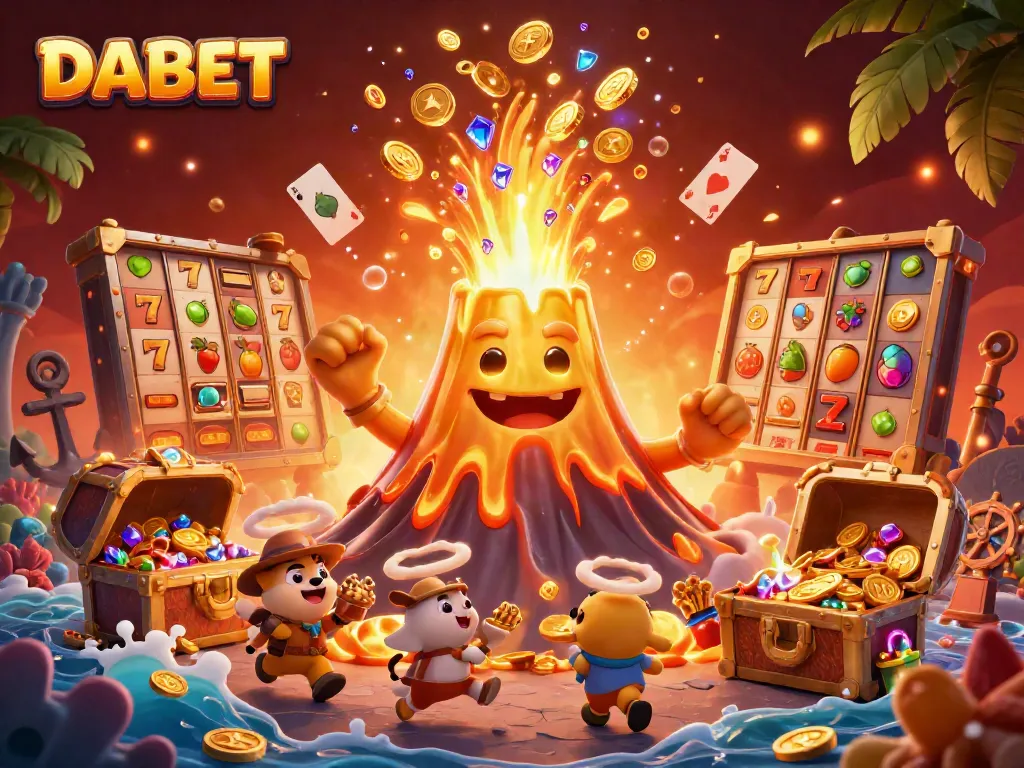 DABET unleashes thrilling casino excitement as a volcano erupts with treasures and slot reels.