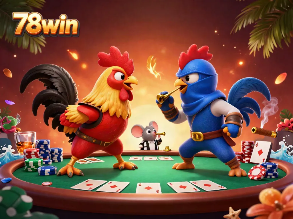 Engage in thrilling games at 78win, featuring dynamic rooster characters in a lively casino setting.