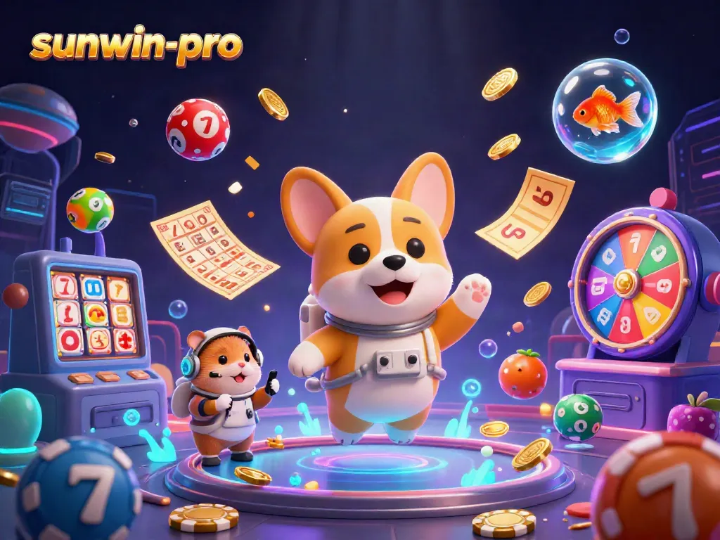 Experience the fun at sunwin-pro's space casino with floating coins and lottery elements.