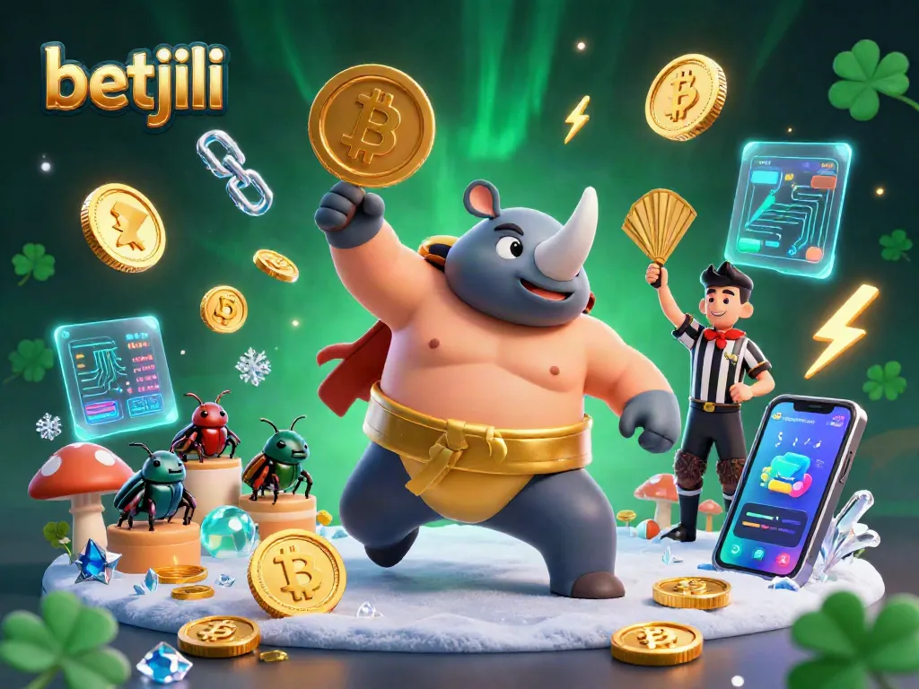 Betjili casino scene with a sumo beetle sending coins flying in a vibrant 3D illustration.