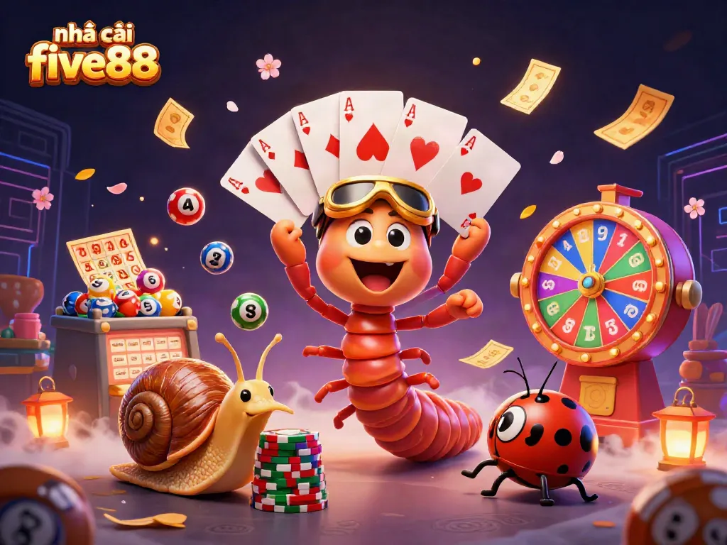 Engage with nhà cái five88 in this vibrant 3D casino illustration featuring dynamic game elements and colorful characters.
